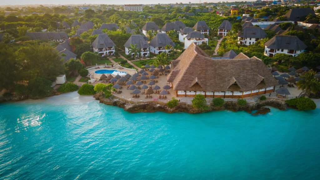 Aerial view of luxury beach resort in Zanzibar along the Indian Ocean coastline