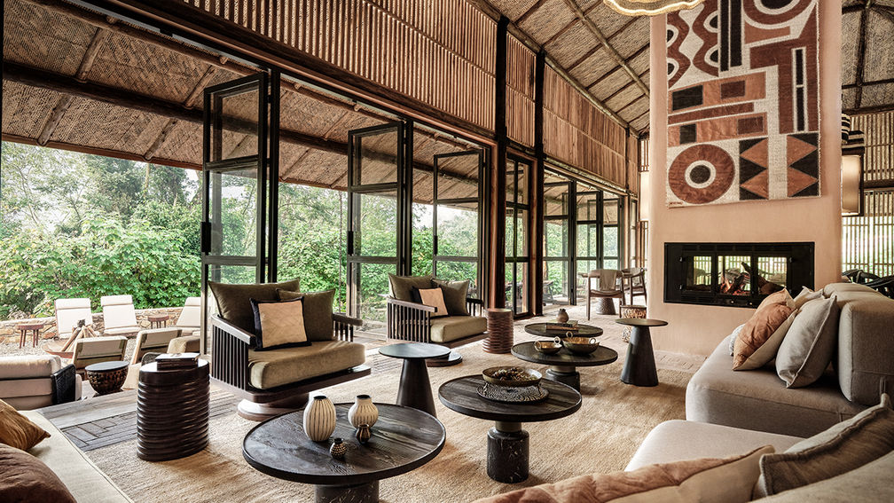 Luxury safari lodge interior Uganda with modern design and natural views