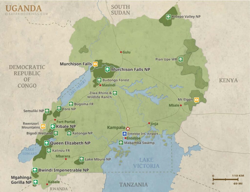 Uganda safari circuit map showing Bwindi Kibale Queen Elizabeth and Murchison Falls national parks