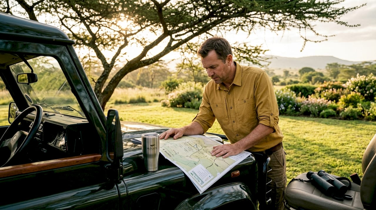 Guide reviews map by luxury safari vehicle